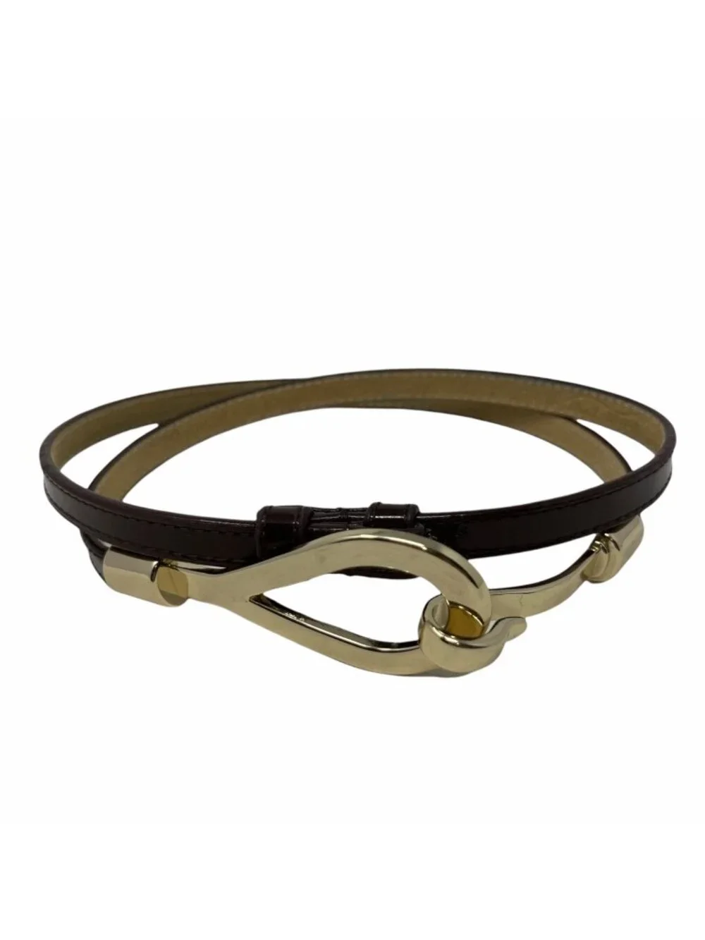 Amiee Lynn Belt Size M/L Patent Leather Brown Skinny Belt Gold Buckle Adjustable